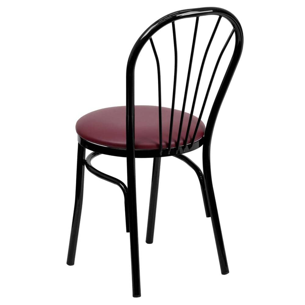 Burgundy Vinyl and Black Steel Fan Back Side Chair