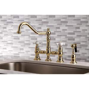 Restoration 2-Handle Bridge Kitchen Faucet with Side Sprayer in Polished Brass