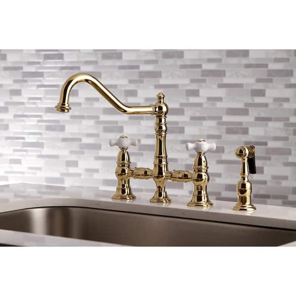 Restoration 2-Handle Bridge Kitchen Faucet with Side Sprayer in Polished Brass