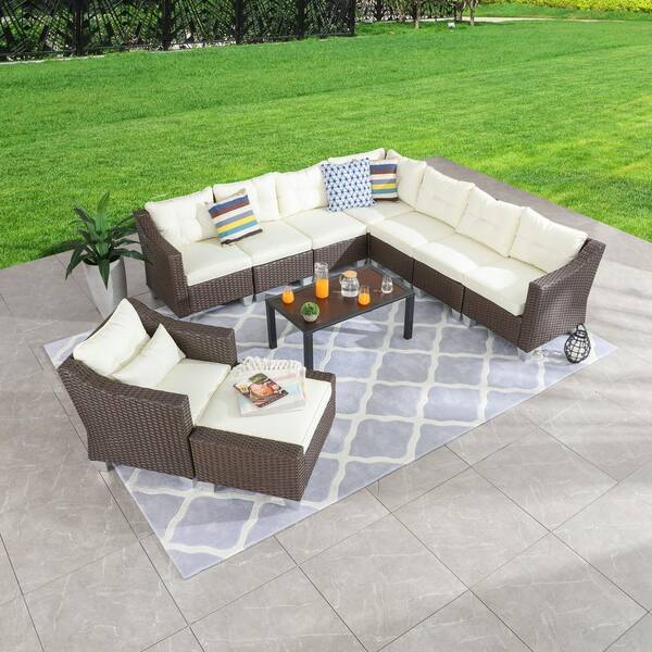 Patio Festival 10 Piece Wicker Patio Conversation Set with Beige Cushions