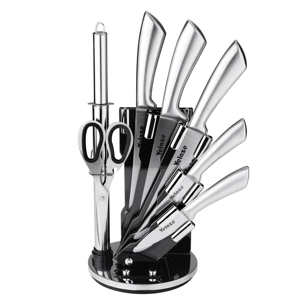 Velaze 8pcs Stainless Steel Kitchen Knife Sets with Sharpener and Spinning Block - Grey Colour Coated Hollow Handle