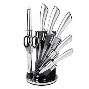 8-Piece Silver Acrylic Handle Stainless Steel Knife Set with Knife Block
