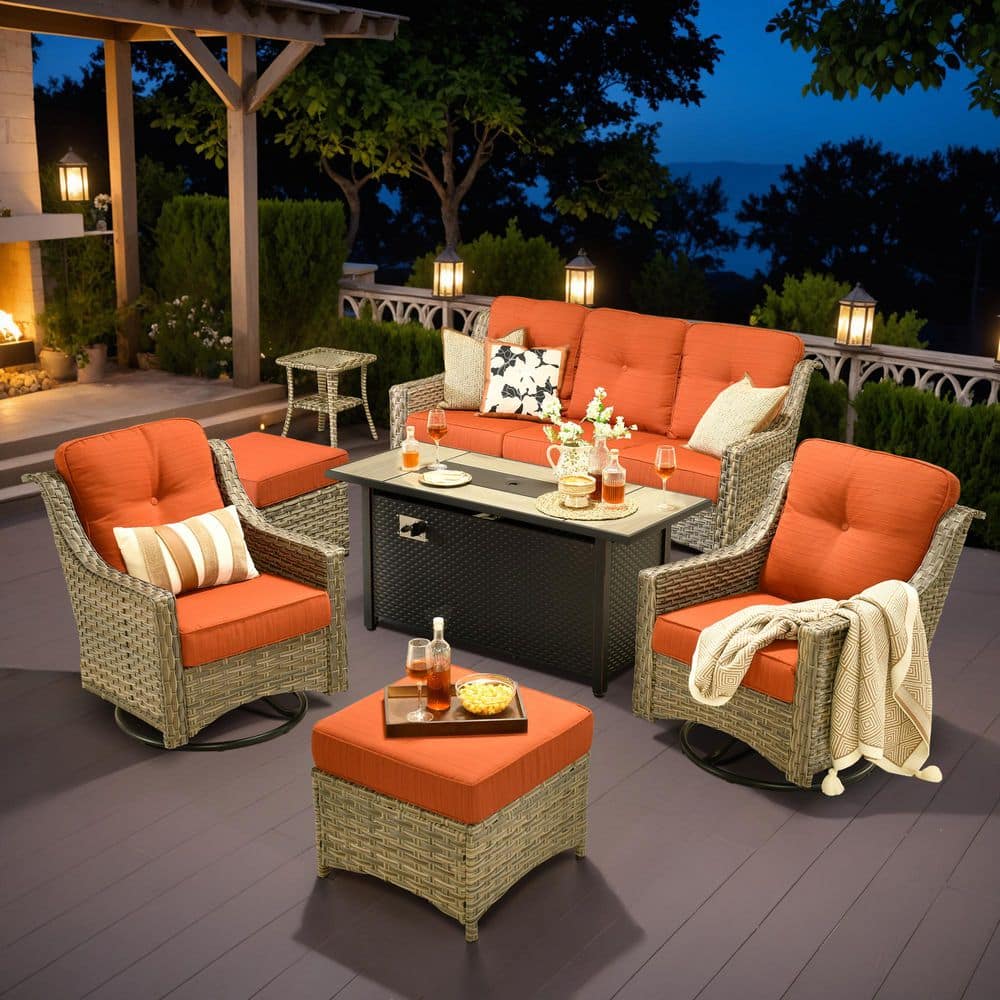Harpera 7-Piece Wicker Outdoor Patio Sofa Seating Set with Swivel Rocker, Orange Red Cushions, Metal Fire Pit price history on PriceWatchPro