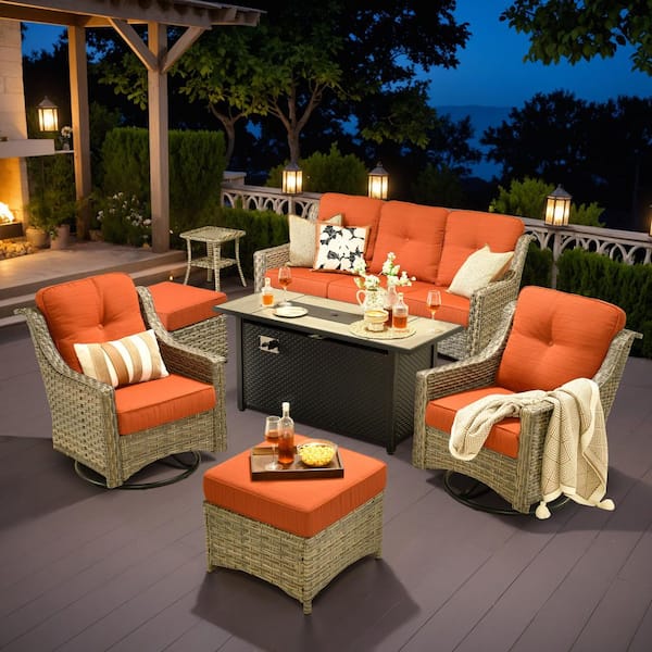 Harpera 7-Piece Wicker Outdoor Patio Sofa Seating Set with Swivel Rocker, Orange Red Cushions, Metal Fire Pit