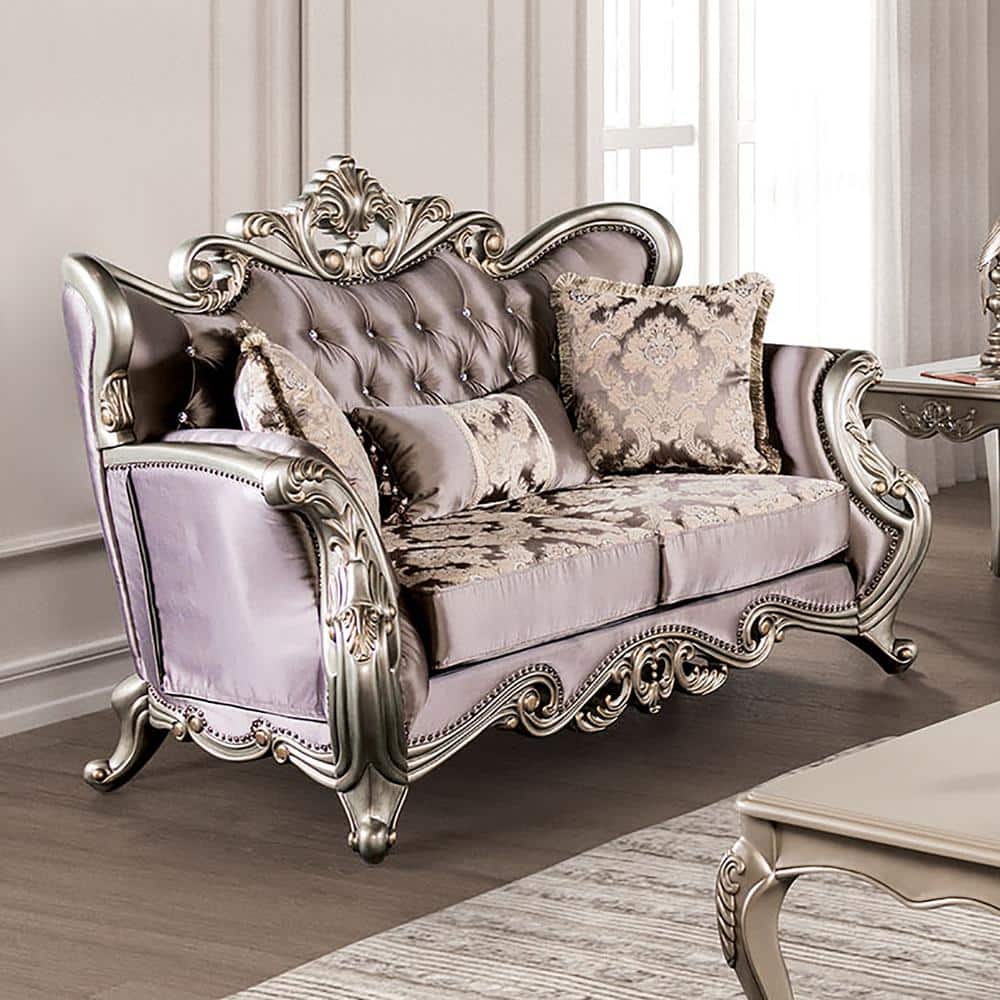 Sidney 71.5 in. Wingback Velvet 2-Seater Loveseat in Champagne and Purple with Reversible Seat Cushions
