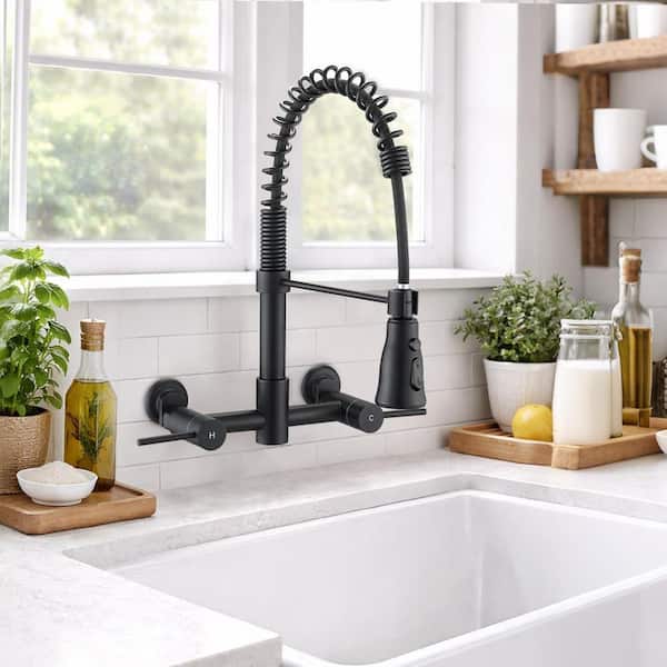 Double Handle Pull Down Sprayer Kitchen Faucet in Matte Black