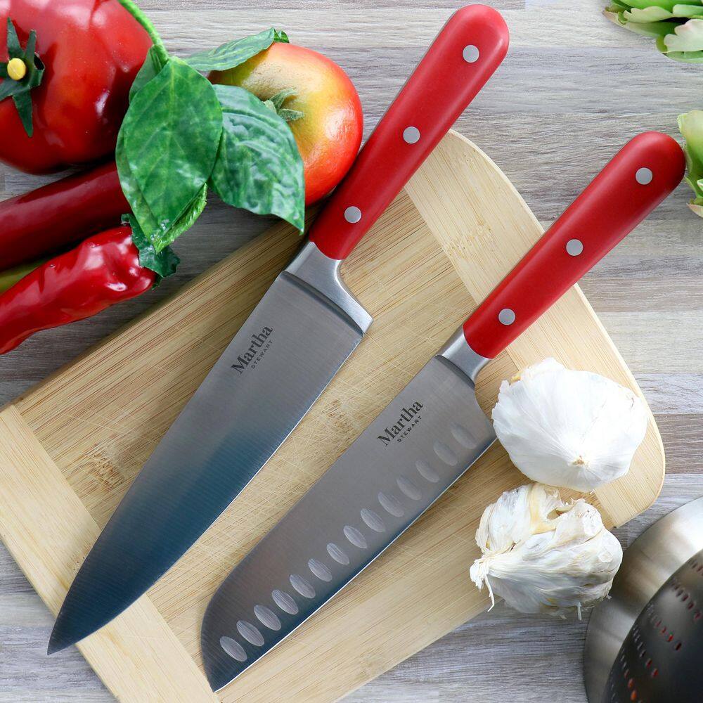 14-Piece Stainless Steel Cutlery Set with Acacia Wood Block, Red