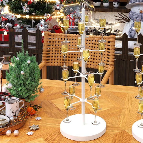 White Tabletop Wine Glass Rack 4 Tier 32 Holes Metal Drink Tree Stand for Champagne Cocktails Parties 2 Pack