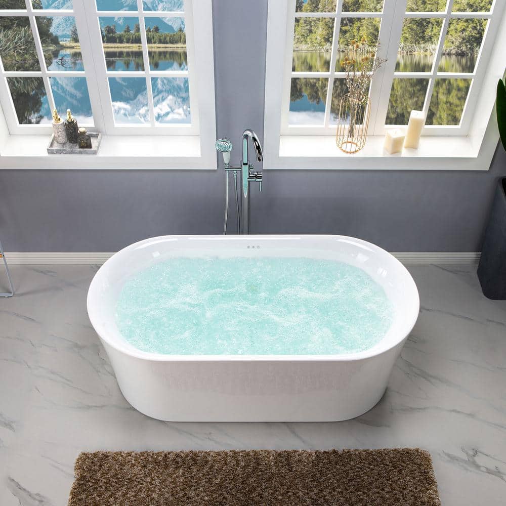 67'' White Acrylic Freestanding Air Soaking Bathtub with Brushed Gold Trim