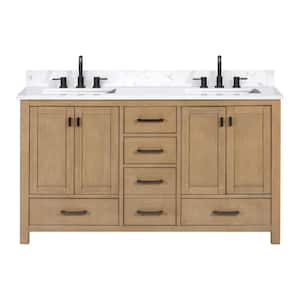 Modero 61 in. W x 22 in. D x 35 in. H Double sinks Vanity Combo in Brushed Oak finish with Cala White Engineered Top