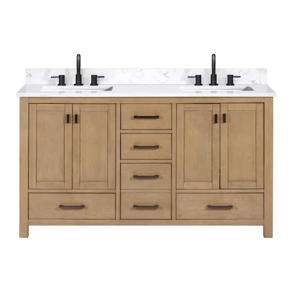 Modero 61 in. Double Sink Brushed Oak Bath Vanity with Cala White Engineered Stone Top