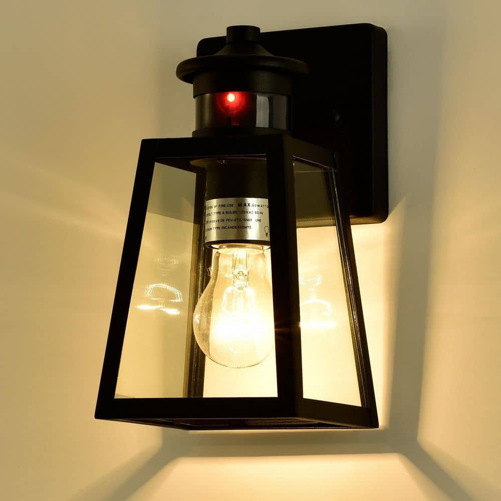 Matte Black Motion Sensor Outdoor Wall Sconce with Clear Glass