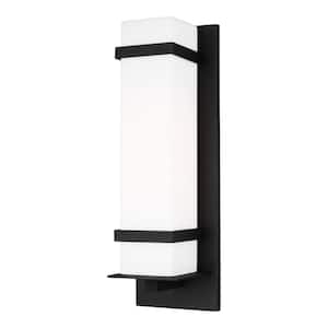 Alban 1-Light Black Outdoor Large Wall Lantern Sconce with Etched Opal Glass Shade