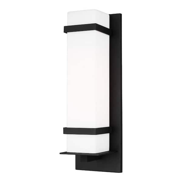 Alban 1-Light Black Outdoor Large Wall Lantern Sconce with Etched Opal Glass Shade