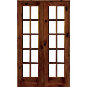48 in. x 80 in. Knotty Alder Universal/Reversible 10-Lite Clear Glass Red Chestnut Stain Wood Double Prehung French Door