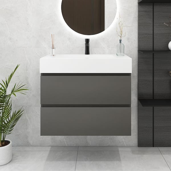 Unbranded 30 in. W x 18 in. D x 25 in. H Single Sink Wall Mounted Bath Vanity in Space Grey with White Cultured Marble Top