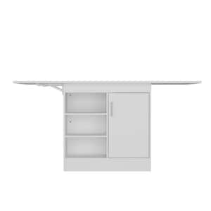 White Wood 63 in. W Kitchen Island Dining Bar Table with Foldable Retractable Tabletop, Door Cabinet, Shelves