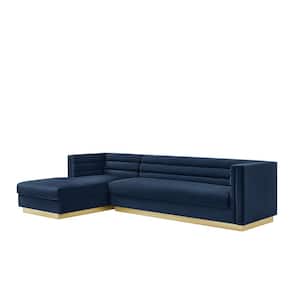 Annemarie 69in Width Square Arm Style Upholstered Velvet Tufted L Shaped Sofa in Blue