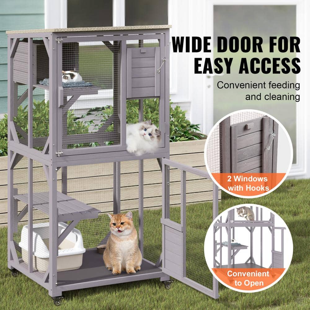 Gray 3-Tier Outdoor Freestanding Cat House with Casters