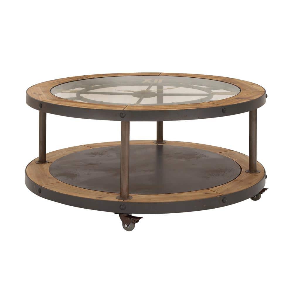Timeless 40" Industrial Round Coffee Table with Clock Top and Metal Frame