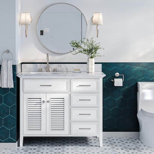ARIEL Kensington 43 in. W x 22 in. D x 35.25 in. H Freestanding Bath Vanity in White with Carrara White Marble Top