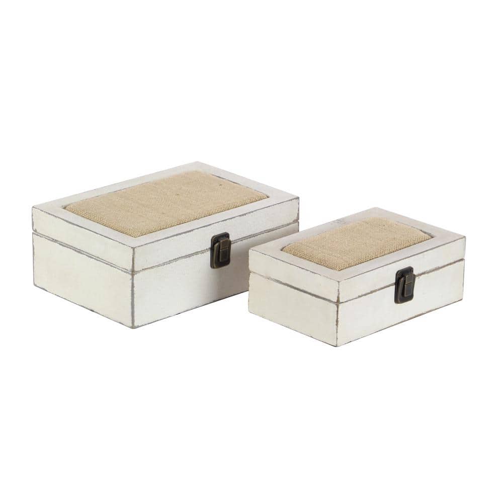 White and Burlap Rectangular Wood Lidded Box Set