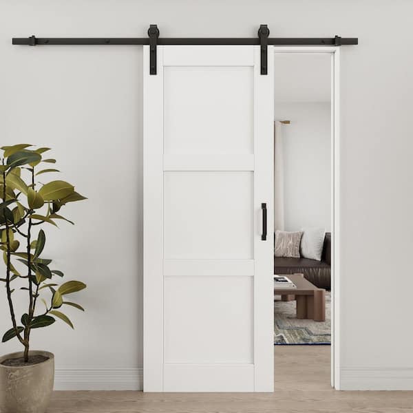 ARK DESIGN 30 in. x 80 in. Paneled 3 Lite White Primed MDF Sliding Barn Door with Hardware Ki