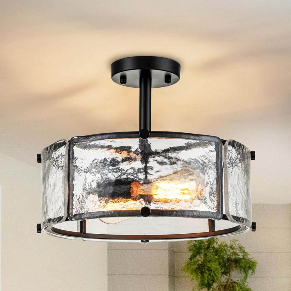 12.8 in. 2-Light Matte Black Modern/Contemporary Semi-Flush Mount Ceiling L