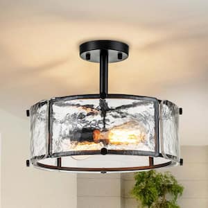 12.8 in. 2-Light Matte Black Modern/Contemporary Semi-Flush Mount Ceiling Light with Textured Glass Shade