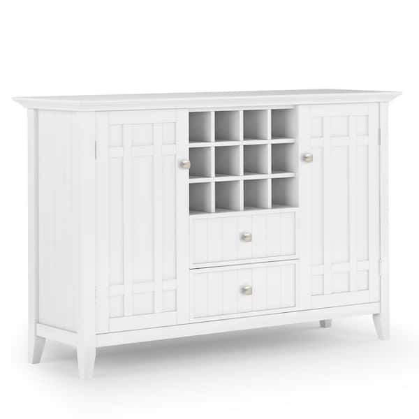 Simpli Home Bedford Solid Wood 54 in. Wide Transitional Sideboard Buffet and Wine Rack in White