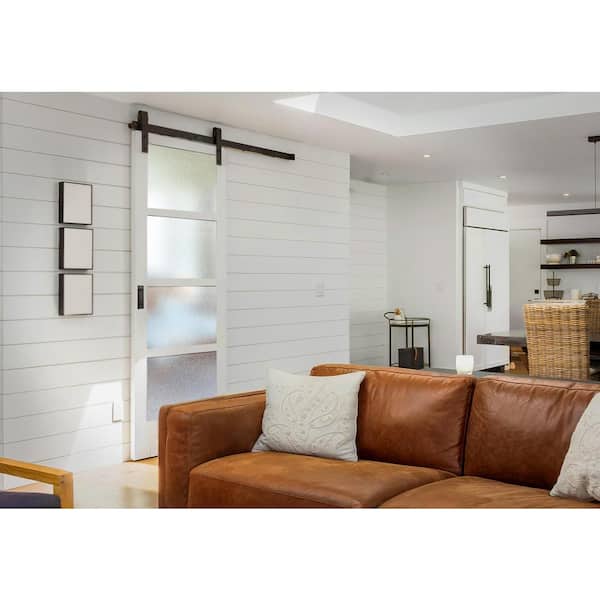 Farmhouse Series 36 in. x 84 in. 4-Lite Mistlite Glass White Primed Wood Interior Sliding Barn Door with Bronze Hard Farmhouse Series 36 in. x 84 in. 4-Lite Mistlite Glass White Primed Wood Interior Sliding Barn Door with Bronze Hard