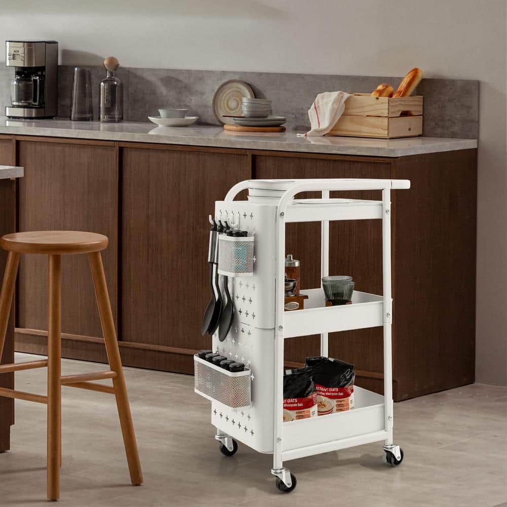 White Powder-Coated Carbon Steel 3-Tier Utility Storage Cart with Pegboard Baskets