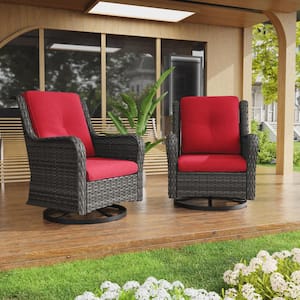 Wicker Outdoor Patio Swivel Rocking Chair with Red Cushions (2-Pack)