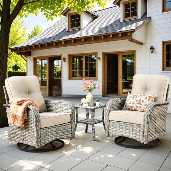 weaxty W Gerbera 3-Piece Gray Wicker Outdoor Rocking Chairs with Coffee Table and Beige Cushions