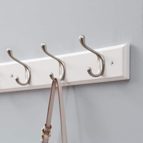 35 in. White Hook Rack with 6 and Satin Nickel Heavy Duty Hooks