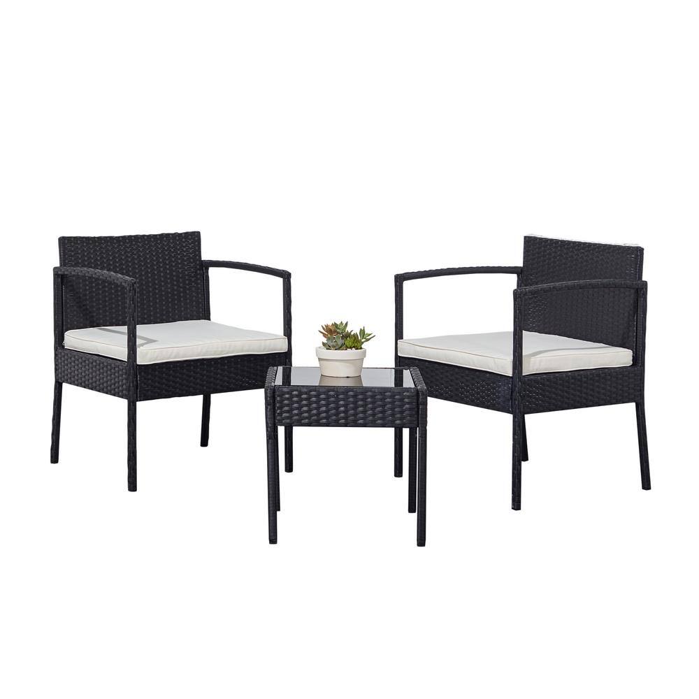 3-Piece Wicker Outdoor Patio Conversation Set with Beige Cushions