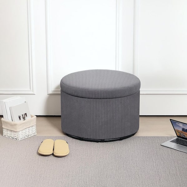 Storage Ottoman with Lid, 24 Inches Round Pouf Ottoman with Storage, Polyester Foot Rest Stool, Gray