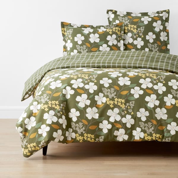 The Company Store Company Cotton Adley Floral Olive Twin XL Cotton Percale Duvet Cover