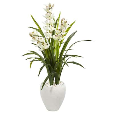 Indoor 4 Cymbidium Orchid Artificial Plant in White Planter