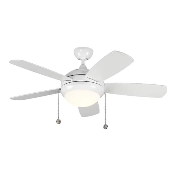 Generation Lighting Discus Classic 44 in. Modern Integrated LED Indoor White Ceiling Fan with White Blades and 3000K Light Kit, Pull Chain