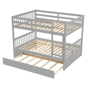 Grey Full Over Full Bunk Bed with Trundle, Convertible to 2-Full Size Platform Bed, Wood Bunk Bed with Ladder and Rails
