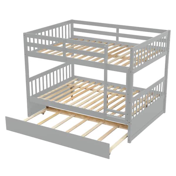 ANBAZAR Grey Full Over Full Bunk Bed with Trundle, Convertible to 2-Full Size Platform Bed, Wood Bunk Bed with Ladder and Rails