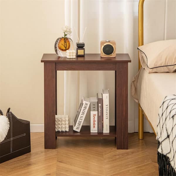 23.5 in. Mahogany Rectangular Engineered Wood 2-Tier End Table with Storage Shelf Night Stands Sofa Side Coffee Table