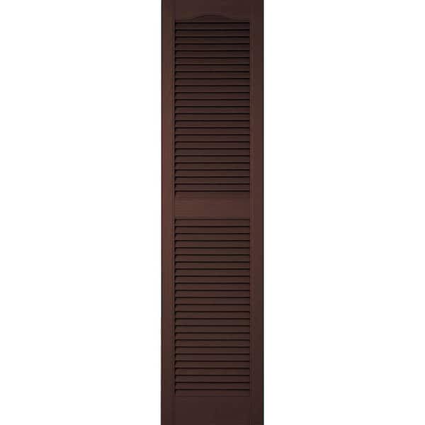Ekena Millwork 14-1/2 in. x 31 in. Lifetime Vinyl Custom Cathedral Top Center Mullion Open Louvered Shutters Pair Federal Brown