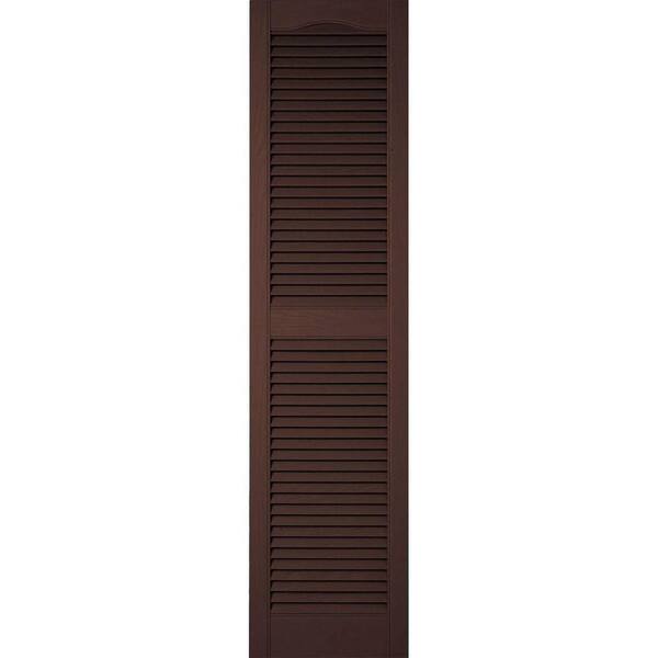 Ekena Millwork 18 in. x 60 in. Lifetime Vinyl Custom Cathedral Top Center Mullion Open Louvered Shutters Pair Federal Brown