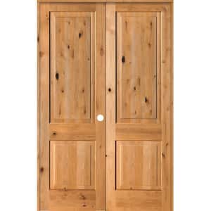 60 in. x 96 in. Rustic Knotty Alder 2-Panel Square Top Left-Handed Clear Stain Wood Prehung Interior Double Door