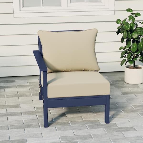 Birchwood Outdoor Patio Deep Seating Left Facing Arm HDPE Lounge Chair in Navy Blue with Beige Cushions