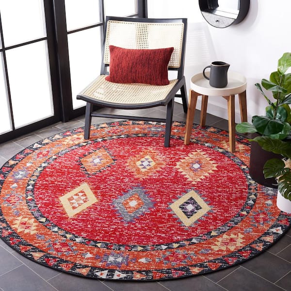 Montage Red/Black 7 ft. x 7 ft. Geometric Aztec Indoor/Outdoor Patio  Round Area Rug