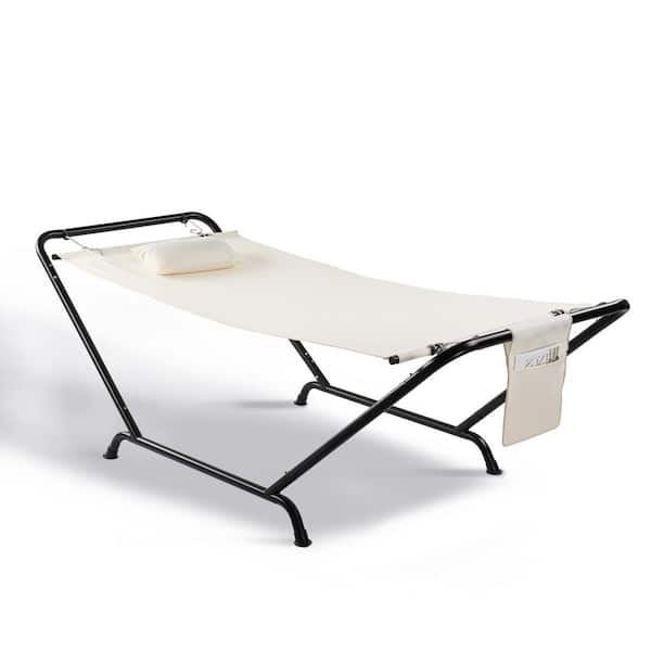 92 in. Patio Steel Hammock Bed Set With Stand And Pillow in Beige