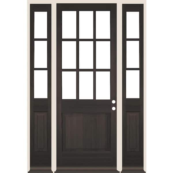 Krosswood Doors 64 in. x 96 in. Farmhouse 9-Lite Clear Glass Left Hand Black Stain Hemlock Wood Prehung Front Door w/ DSL